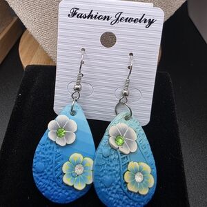 Blue and Green Floral Teardrop Earrings (1417)